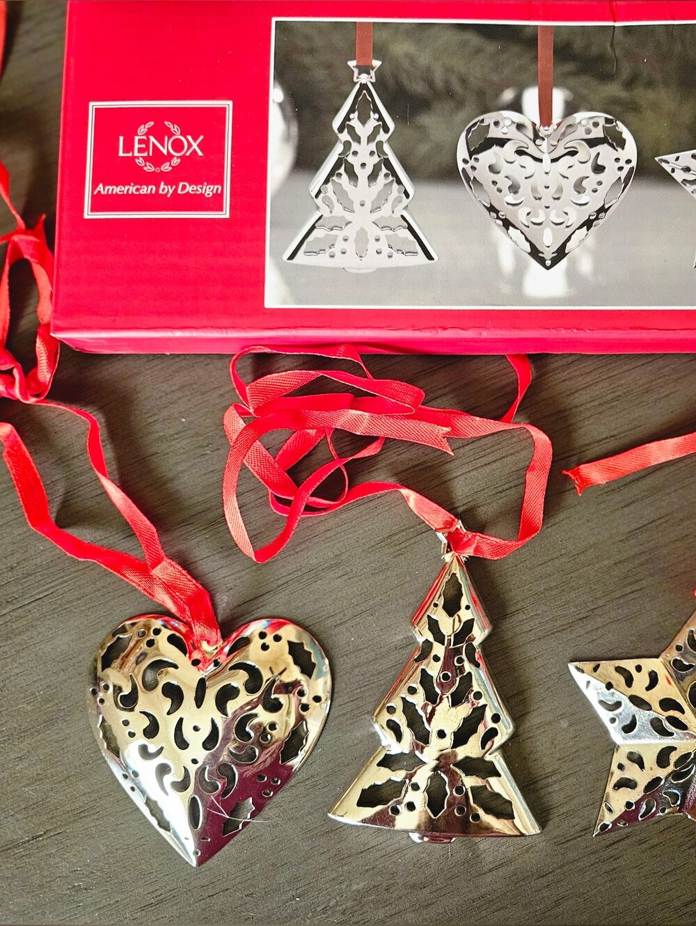Lenox Silver Filigree Heart, Tree & Star Ornaments with Red Ribbons